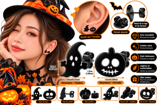 👻🎃 Boucles d’Oreilles Fantôme & Citrouille Noires