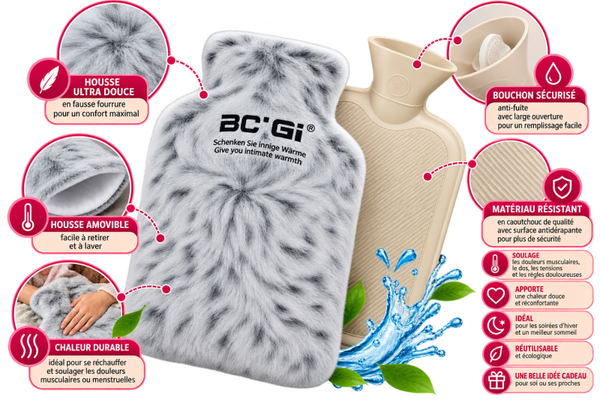 🧸 Bouillotte avec housse effet fourrure ultra-douce – Gris et blanc