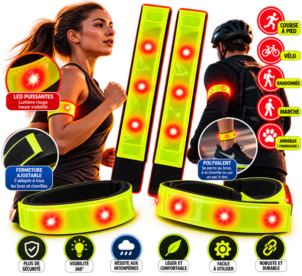 💡 Lot de 2 brassards réfléchissants à LED – Jaune fluorescent