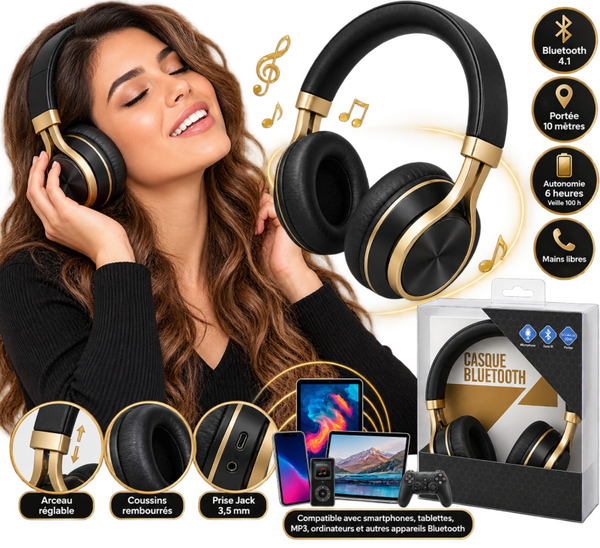 🎧 Casque Bluetooth Sans Fil Noir & Doré