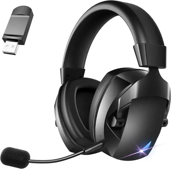 Casque de Jeu Sans Fil 2,4 GHz Bluetooth avec Micro Antibruit Amovible et Flexible, Son Stéréo 3D, Noir