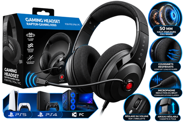 🎧 Casque Gaming Raptor-Gaming H300 – PS5 / PS4 / PC