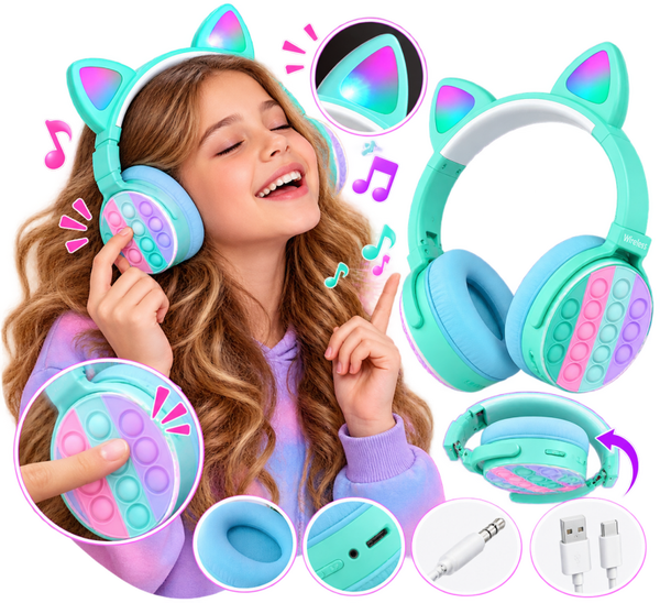🎧 Casque Bluetooth Sans Fil Enfant – Oreilles de Chat & Pop It