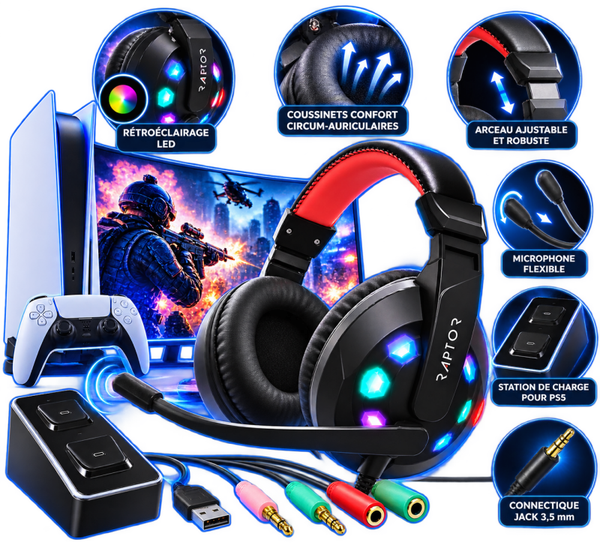 🎧 Kit Gamer Raptor-Gaming SB100 pour PS5 – Casque Stéréo + Station de Charge