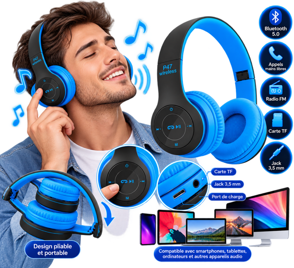 🎧 Casque Bluetooth 5.0 Stéréo Pliable – Sans Fil avec Microphone, Radio FM & Carte TF