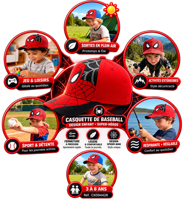 🕷️ Casquette de Baseball Réglable Spider Man – Enfant