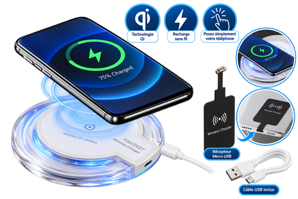 🔋 Chargeur Sans Fil Qi avec Récepteur Micro USB – Émetteur Ultra-Fin