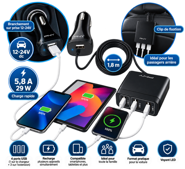 Chargeur Voiture USB 4 Ports 5,8 A / 29 W avec Extension 1,8 m