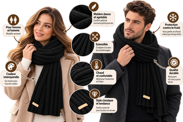 Écharpe en Tricot Épaisse Noir – Style Classique et Intemporel