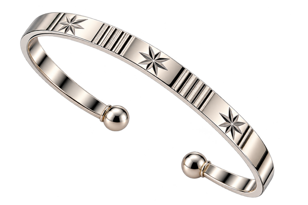 Bracelet Jonc Ouvert Argenté en Alliage – Motifs Étoiles & Boules