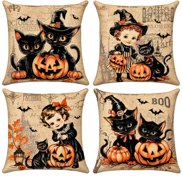 🎃 4 Housses de coussin Halloween vintage – 40 × 40 cm