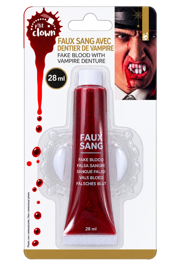 🧛 Faux Sang avec Dentier de Vampire – Kit Halloween