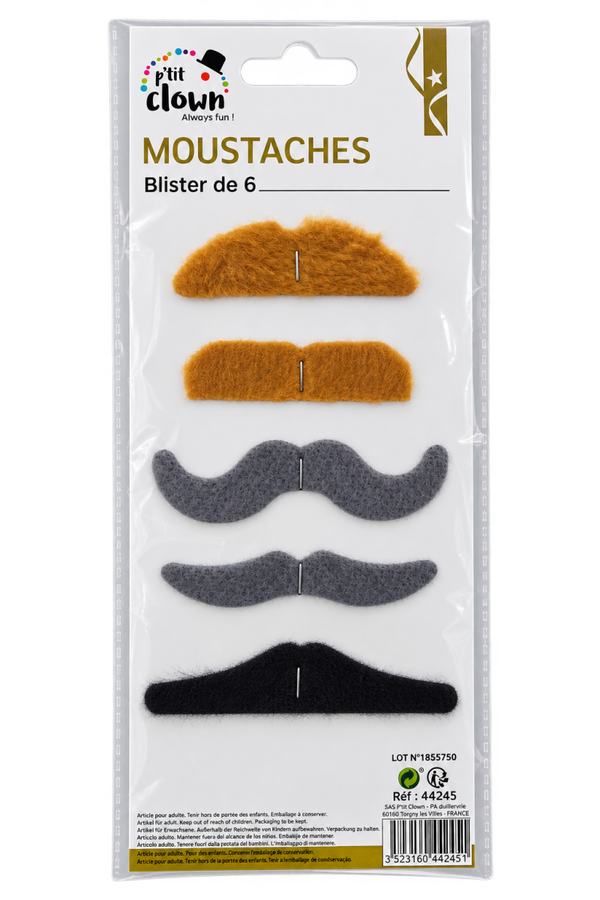 🎭 Moustaches Fantaisie – Blister de 6