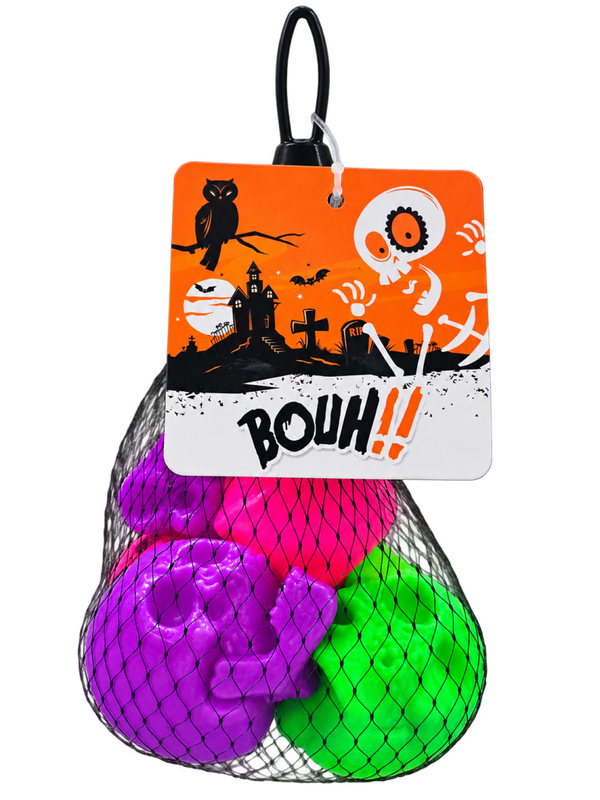 💀 Crânes Halloween Néon – Lot de 6 – Rose, Violet et Vert