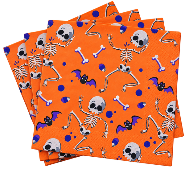 Serviettes de Table Halloween Orange – Squelettes & Chauves-Souris – x20