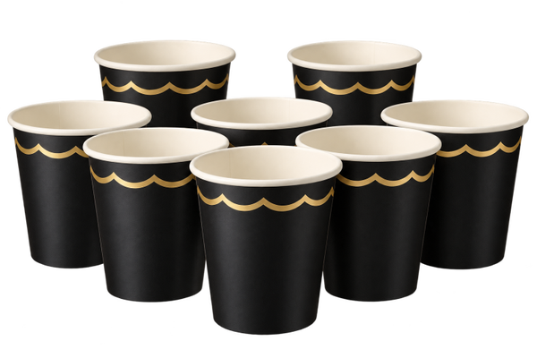 🖤 Gobelets en Carton Noirs & Or Festonnés – x8 – 200 ml