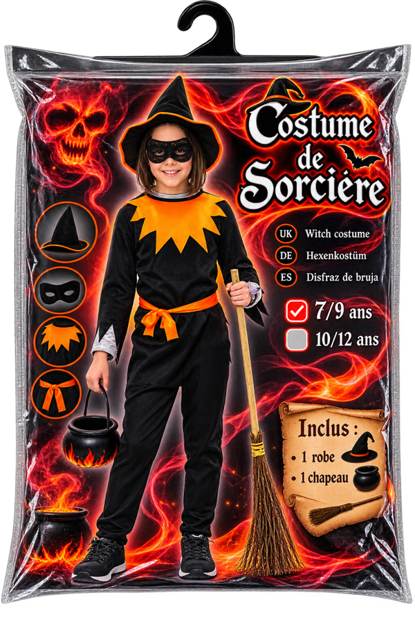 Costume de Sorcière Enfant 7–9 Ans Noir et Orange avec Chapeau – Déguisement Halloween
