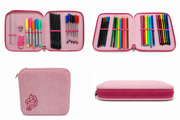 Trousse scolaire complète 45 pièces – Rose – Double compartiment
