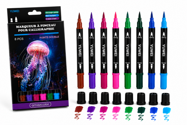 Marqueurs à Pinceau pour Calligraphie – Double Pointe – 8 Couleurs