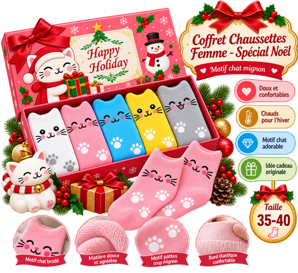 🎄 Coffret de Chaussettes Femme Motif Chat – Édition Spéciale Noël