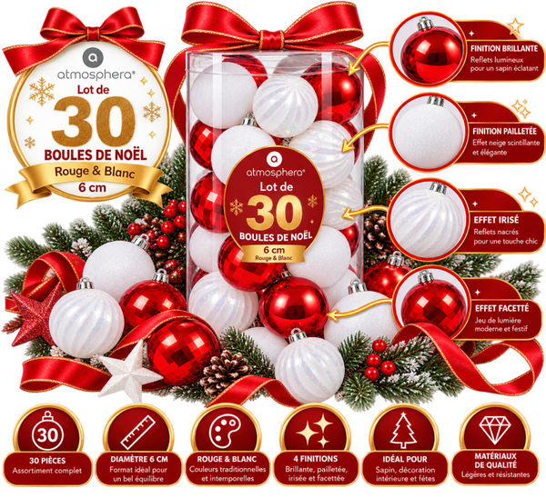 🎄 Lot de 30 Boules de Noël Atmosphera – Rouge & Blanc – Ø 6 cm