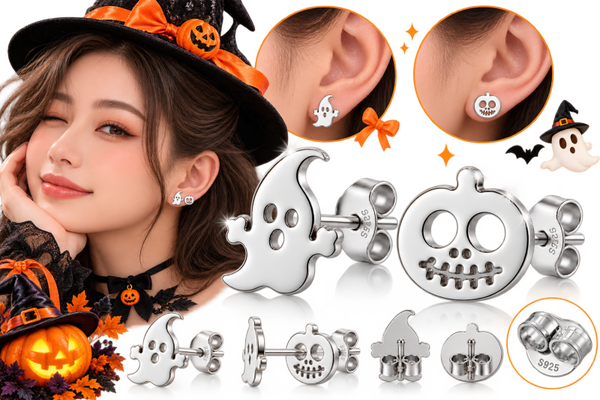 👻🎃 Boucles d’Oreilles Fantôme & Citrouille – Couleur Argent