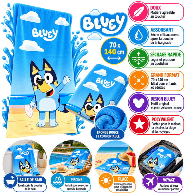 🐾 Serviette de Plage & de Bain Bluey – 70 × 140 cm