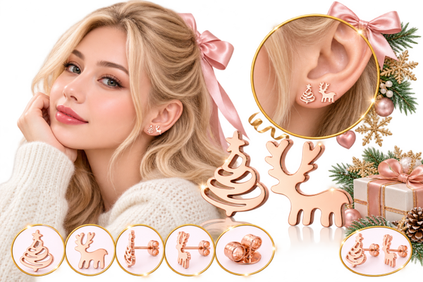 🎄🦌 Boucles d’Oreilles Sapin & Renne – Or Rose