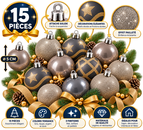 🎄 Lot de 15 Boules de Noël Atmosphera – Gris, Taupe, Argenté et Doré – Ø 5 cm