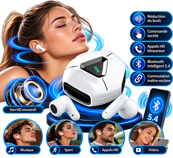 🎧 Écouteurs Bluetooth 5.4 Sans Fil – Réduction du Bruit & Boîtier de Charge Intelligent