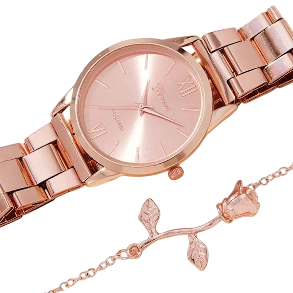Montre Pour Femmes Montre À Quartz Dorée À La Rose Mode Romaine Montre Analogique Bracelet De Poignet Et Bracelet En Fleur De Rose