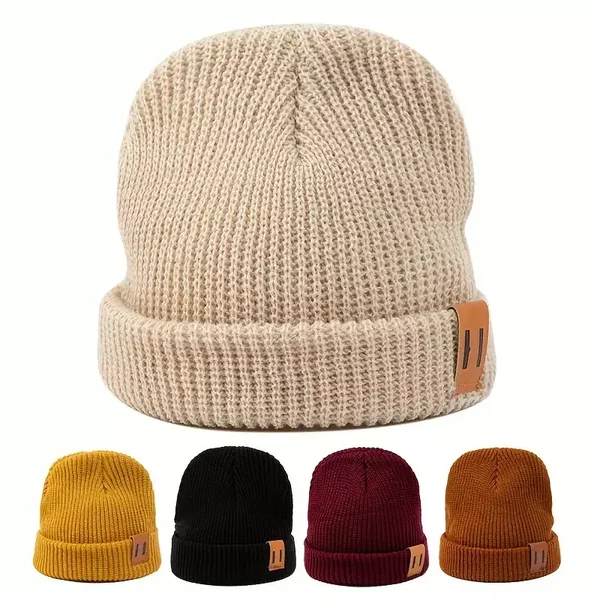 Bonnet Tricoté Unisexe Avec Étiquette En Cuir