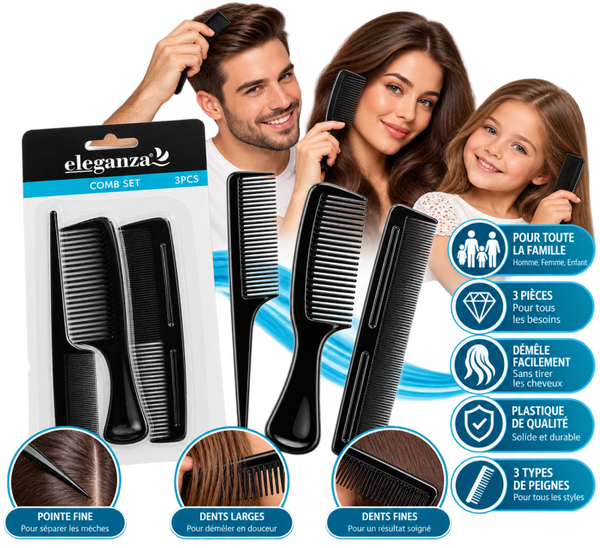 🪮 Set de 3 Peignes Eleganza – Pour Homme, Femme & Enfant
