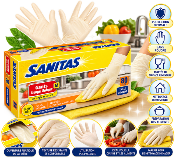🧤 Gants SANITAS à Usage Unique – Taille M – 80 Pièces