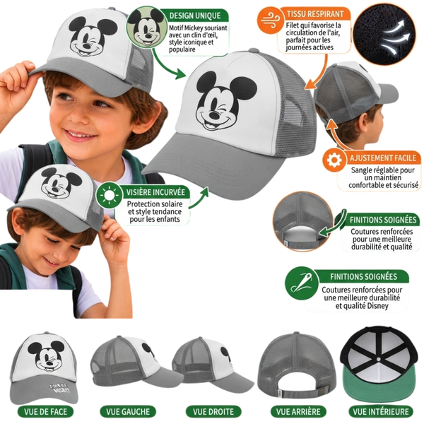 🧢 Casquette Trucker Enfant Mickey – Blanche & Grise