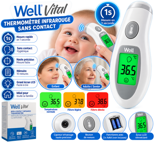 🌡️ Thermomètre Infrarouge Sans Contact Well Vital – Mesure Rapide et Précise