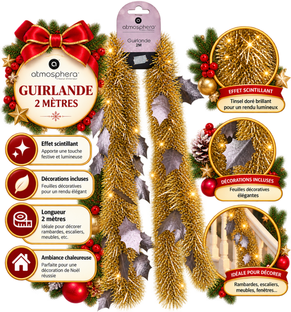 🎄 Guirlande de Noël dorée 2 mètres avec feuilles décoratives – Atmosphera