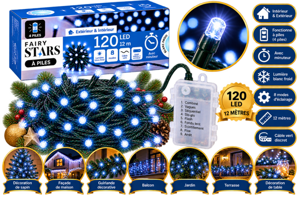✨ Guirlande Lumineuse LED FAIRY STARS – 120 LED Blanc Froid – 12 m – À Piles