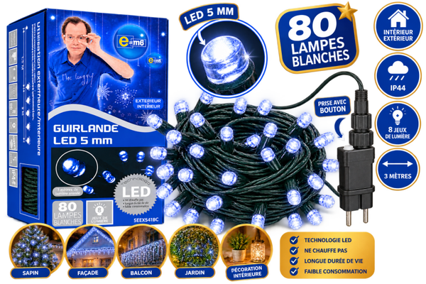 ✨ Guirlande lumineuse LED 5 mm – 80 lampes multicolores | E-M6