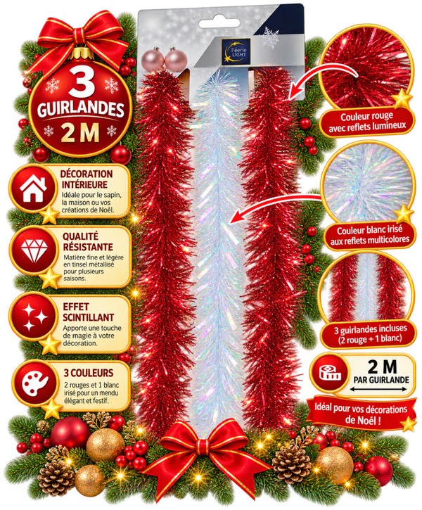 🎄 Lot de 3 Guirlandes de Noël Scintillantes – Rouge & Blanc Irisé – 2 m