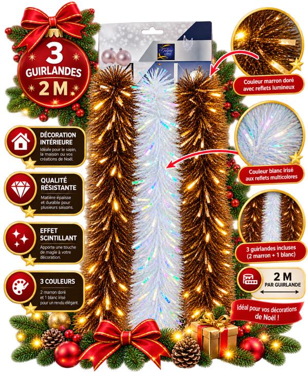 🎄 Lot de 3 Guirlandes de Noël Scintillantes – Marron Doré & Blanc Irisé – 2 m chacune