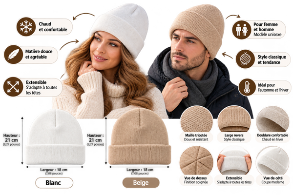 Bonnet Tricoté Mixte Blanc & Beige