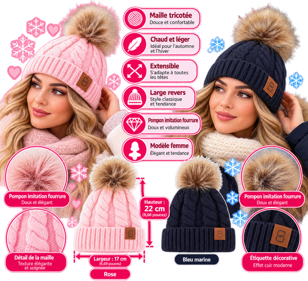 Bonnet à Pompon Femme Rose ou Bleu Marine