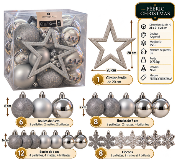 🎄 Kit de décoration de Noël argenté 35 pièces avec boules, flocons et cimier étoile – FÉÉRIC CHRISTMAS