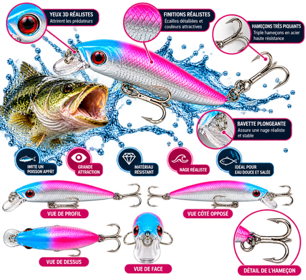 🎣 Leurre de pêche artificiel 7 cm – Bleu, rose et argenté