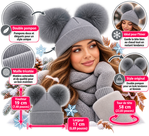 🩶🧶 Bonnet Gris Femme à Double Pompon