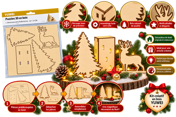 🎄 Puzzle 3D en bois YUWEI – Sapin de Noël et renne à assembler