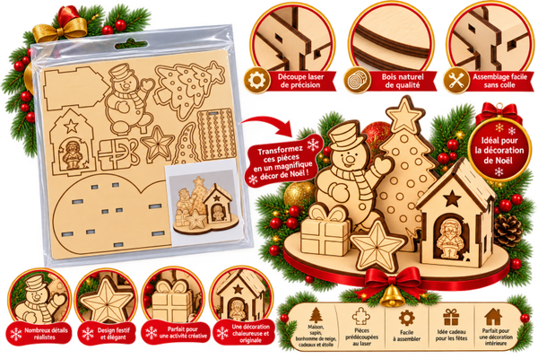 🎄 Puzzle 3D en bois de Noël à assembler – Décoration festive YUWEI
