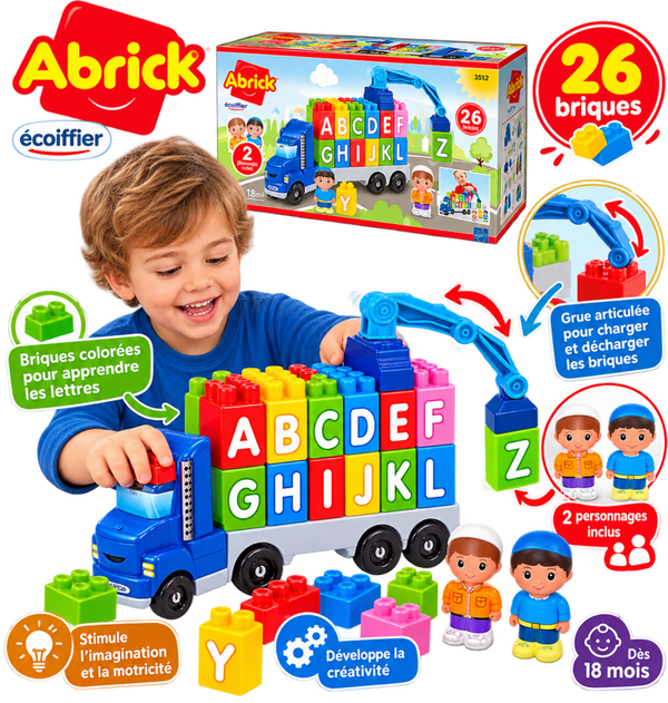 🚚 Abrick – Camion-grue éducatif avec briques alphabet, 26 pièces et 2 personnages