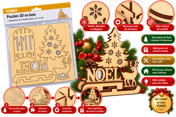 🎄 Puzzle 3D en bois de Noël YUWEI – Sapin, renne et traîneau décoratif